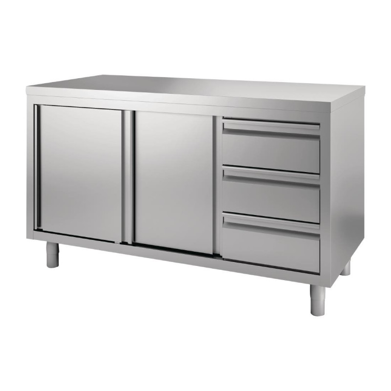 Meuble en Inox Avec Portes Coulissantes et 3 Tiroirs À Gauche-L 1600 x P 700mm - Gastro M Meuble en Inox Avec Portes Coulissantes et 3 Tiroirs À Gauche-L 1600 x P 700mm - Gastro M