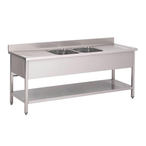 Plonge en Inox avec Étagère Basse 2 Bacs Au Centre - L 2000 x P 700 mm - Gastro M