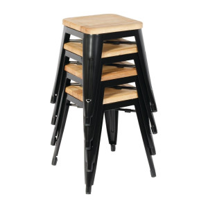 Tabureti Bistro Nizki iz Črnega Jekla z Leseno Sedežno Površino - Set 4 - Bolero