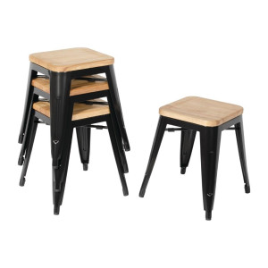 Tabureti Bistro Nizki iz Črnega Jekla z Leseno Sedežno Površino - Set 4 - Bolero