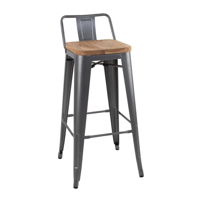 High Stools with Backrest and Wooden Seat - Metallic Grey - Set of 4 - Bolero High Stools with Backrest and Wooden Seat - Metallic Grey - Set of 4 - Bolero