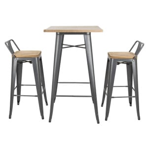 High Stools with Backrest and Wooden Seat - Metallic Gray - Set of 4 - Bolero