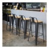 High Stools with Backrest and Wooden Seat - Metallic Gray - Set of 4 - Bolero