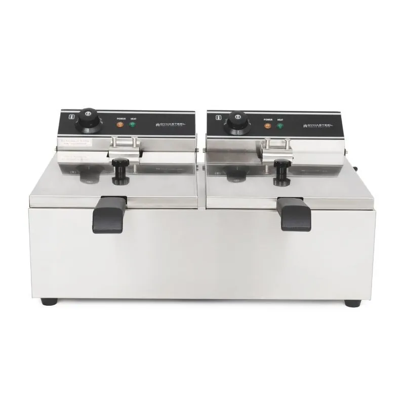 Profesionalna dvojna friteza 2 x 10 L 6000 W, termostat 50-200 °C, časovnik, inox posode, prigrizki CHR