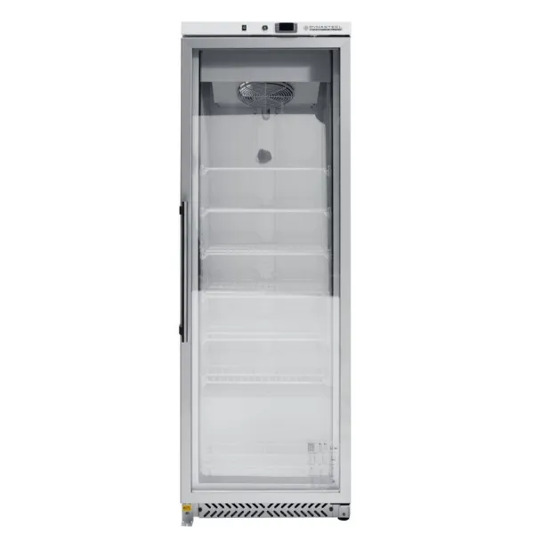 Zamrzovalna omara 400 L s steklenimi vrati, ventilirano hlajenje -18/-22 °C, 7 nivojev, plin R290, 210 W — Bela lakirana
